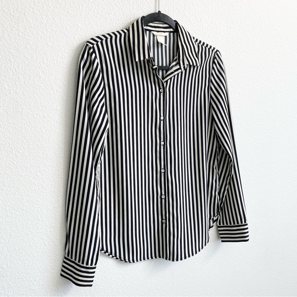 H&M Women’s Black & White Striped Button-Up Shirt Blouse - Picture 3 of 10